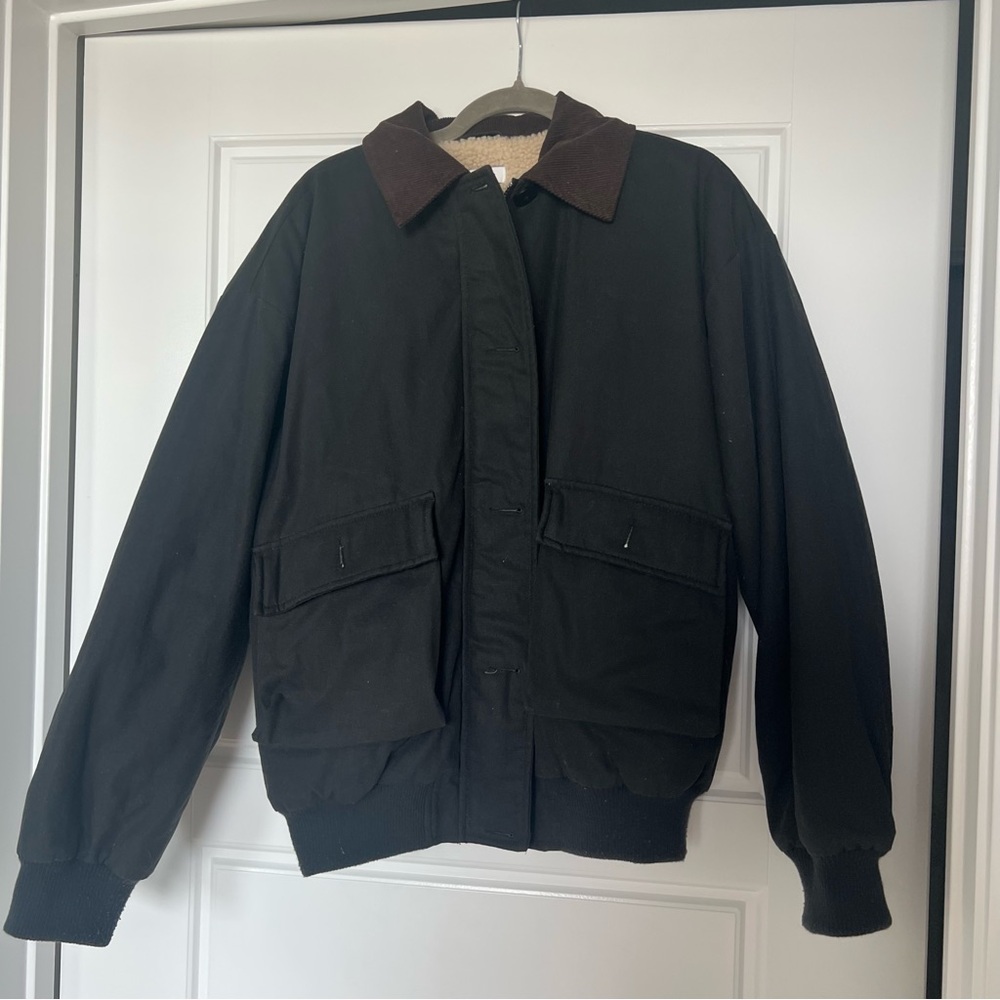 Topshop Asos Women's Black Bomber workwear Jacket with Brown Collar fur lined